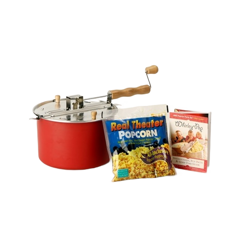 Red stovetop Whirley Pop popcorn maker with wooden handle, kernel popcorn bag, and recipe booklet for kitchen appliances collections