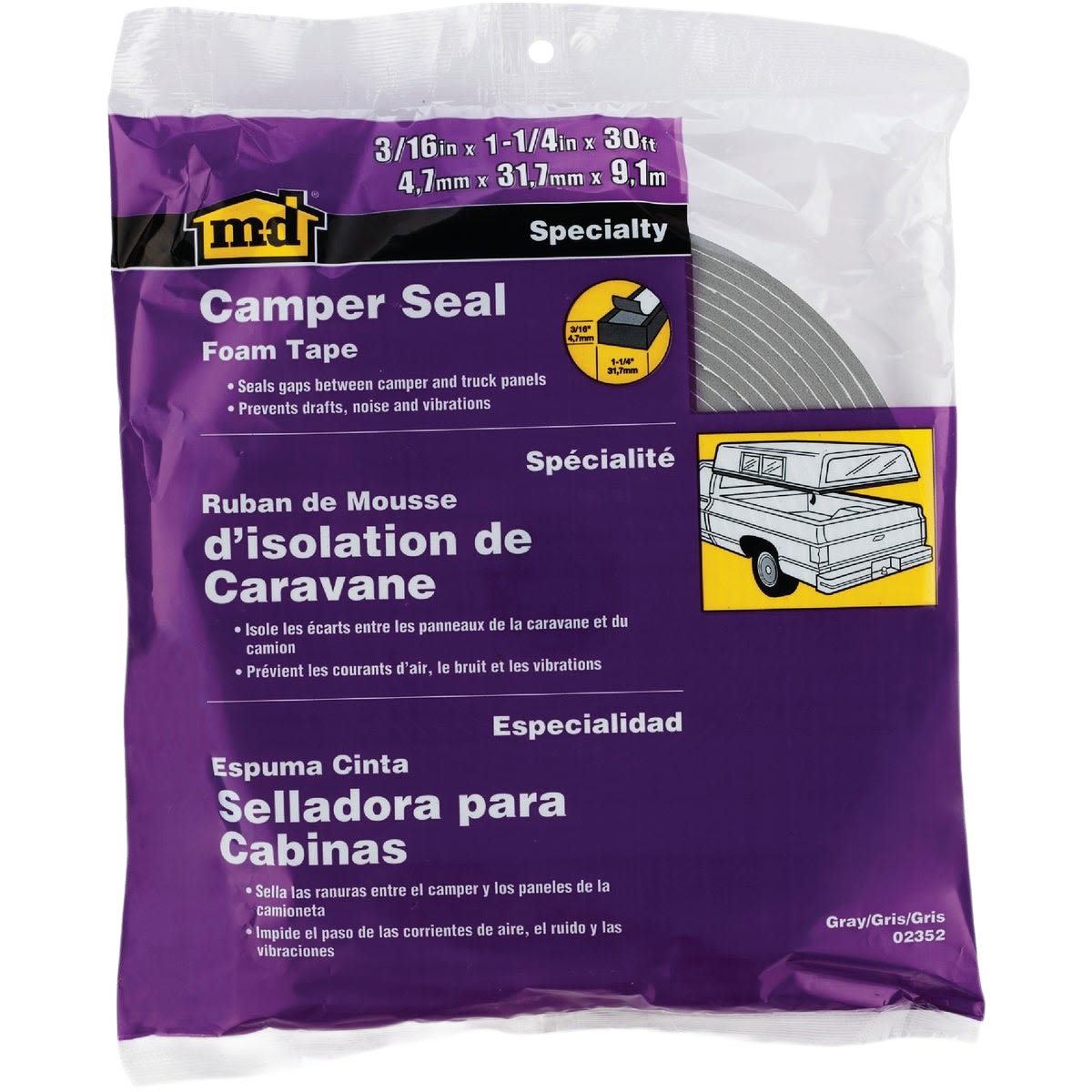 Gray foam tape in resealable packaging designed for sealing camper and truck panel gaps to reduce noise and drafts