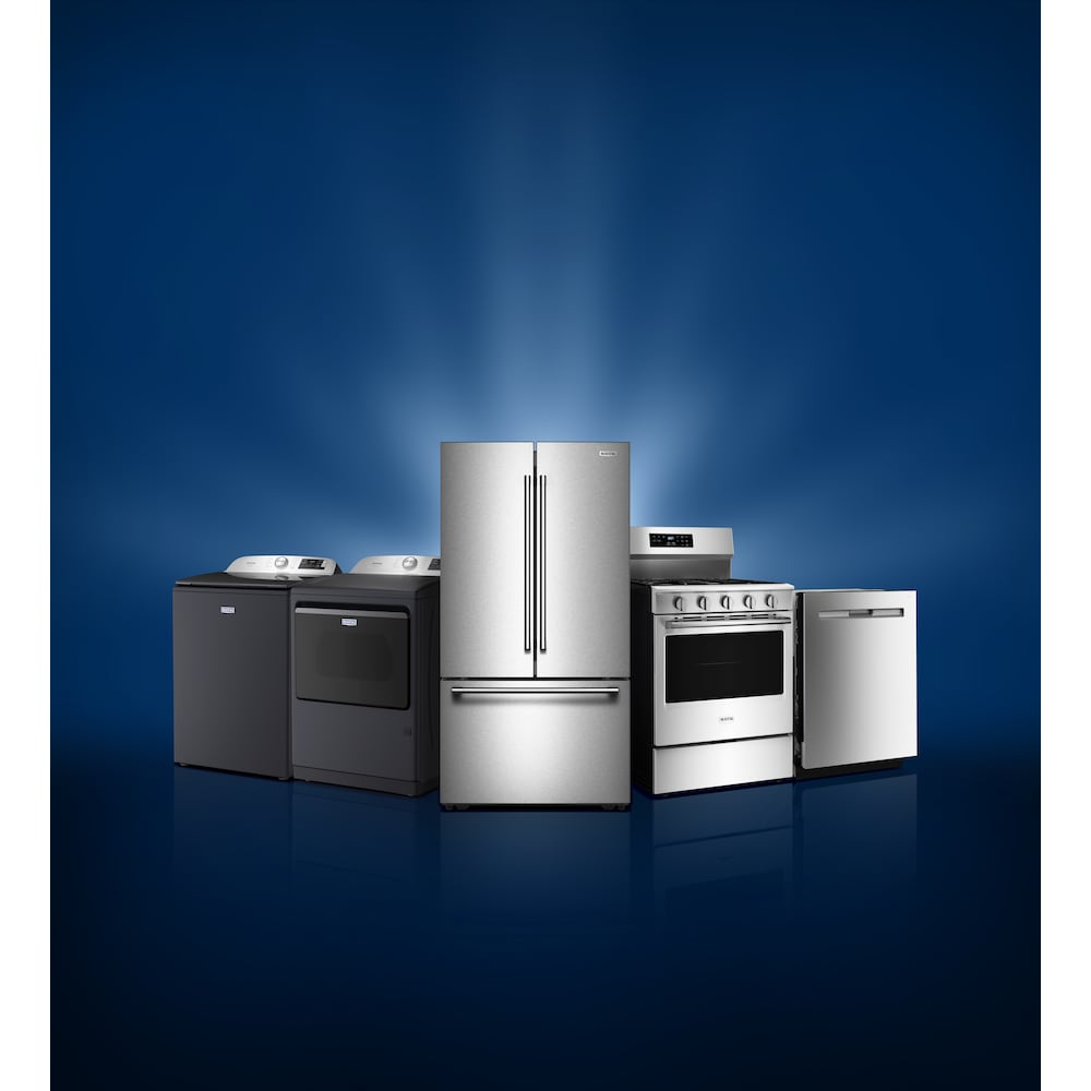 Collection of modern kitchen appliances including black washers, stainless steel refrigerator, range, and dishwasher on blue background