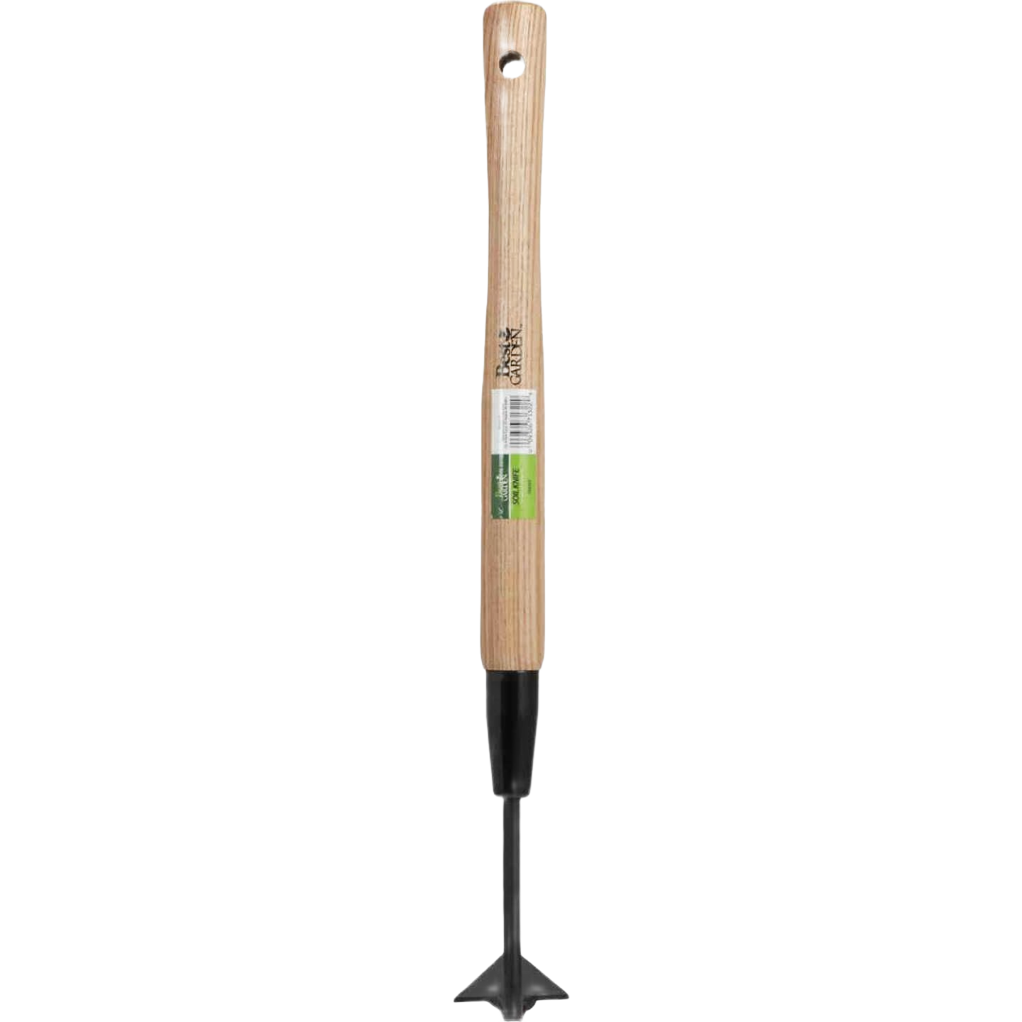 Garden hoe with natural wooden handle and black metal head for efficient soil cultivation in home improvement tasks