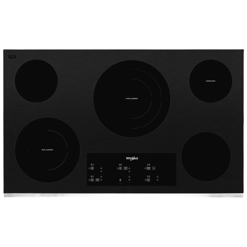 Black ceramic glass cooktop with five radiant cooking elements and digital touch controls in kitchen appliances collection