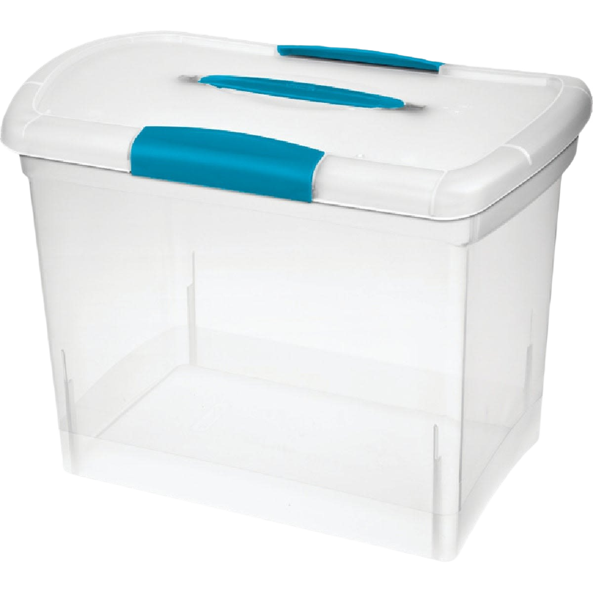 Clear plastic storage tote with white lid and blue locking handles for Storage & Organization collections under $50