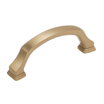 Golden champagne cabinet pull with curved design and decorative stepped ends for home improvement projects
