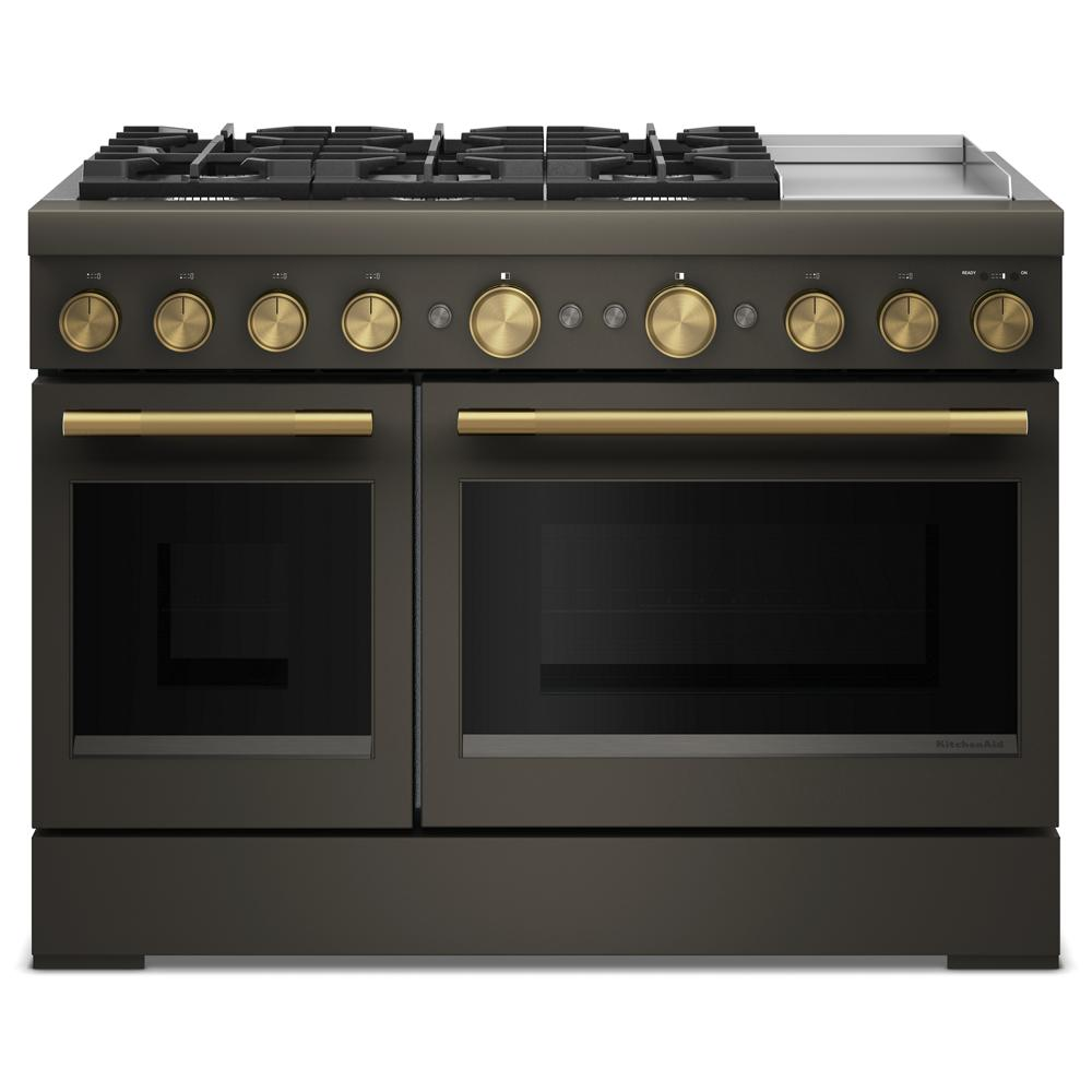 Front view of black and brass dual fuel range with six gas burners, electric griddle, and double ovens in kitchenware collection