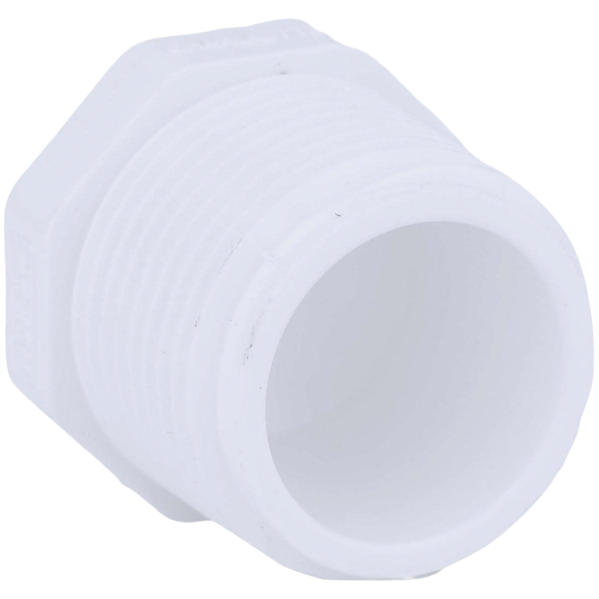 White threaded PVC plug with hexagonal head for plumbing and home improvement applications