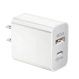Compact white fast charging dual port USB wall charger with QC 3.0 and PD 18W support for home electronics use