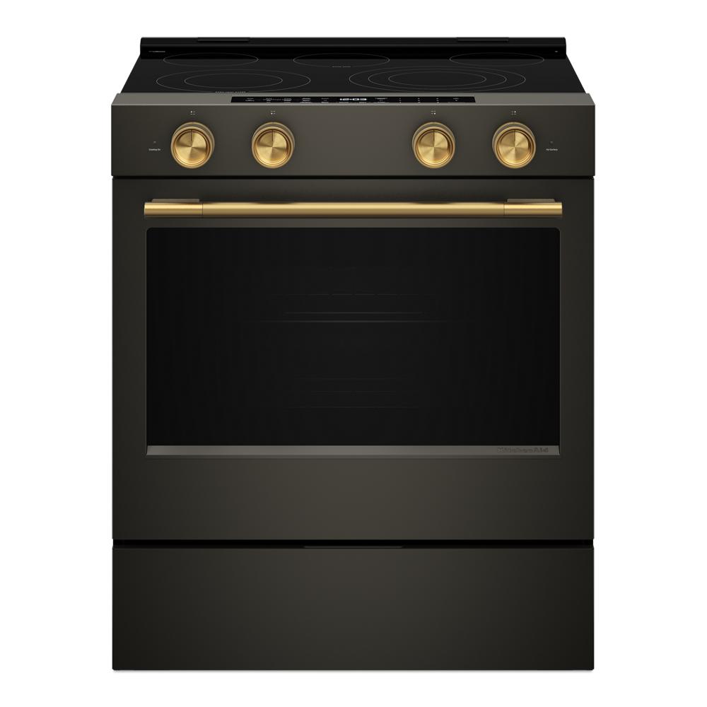 30-inch black smart slide-in electric range with brass knobs and handle in KitchenAid ranges collection