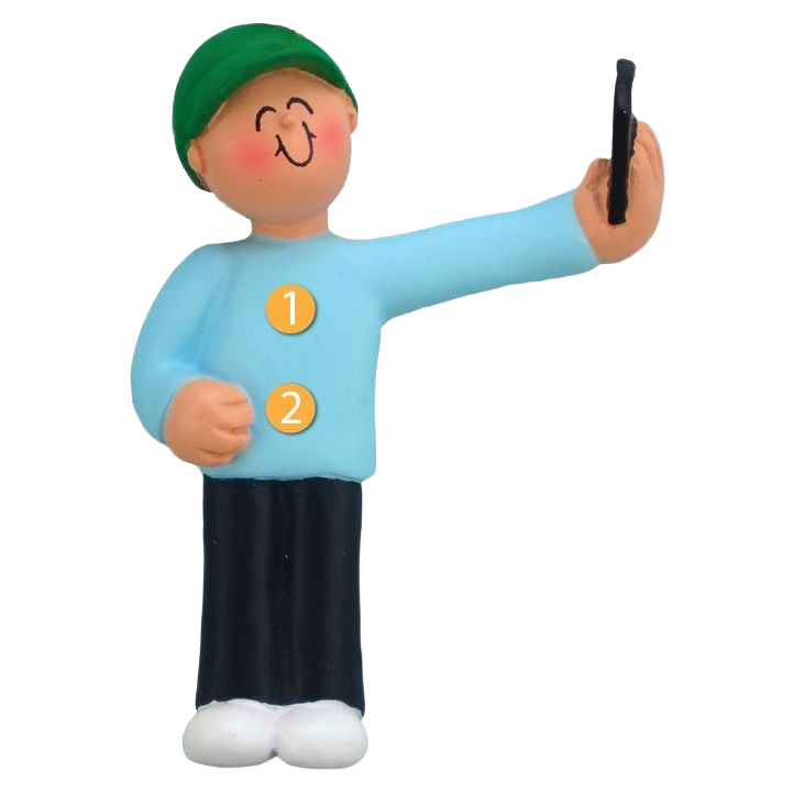 Male figurine wearing green hat taking a selfie holiday ornament for Christmas tree decoration under $50 collection