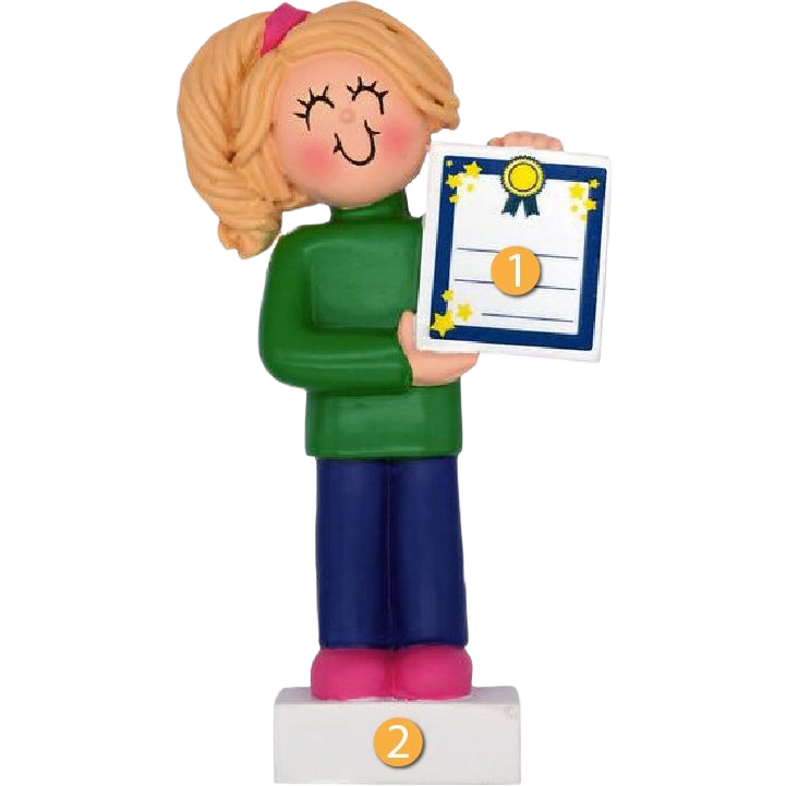 Blonde female child figurine in green top holding award plaque for Christmas Ornaments & Tree Decorations collection under $50