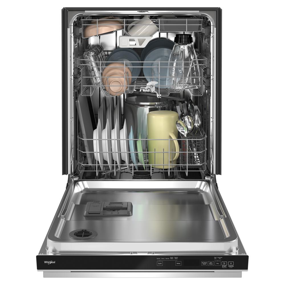 Open Whirlpool Eco Series dishwasher loaded with dishes, mugs, and silverware for kitchen and home improvement use