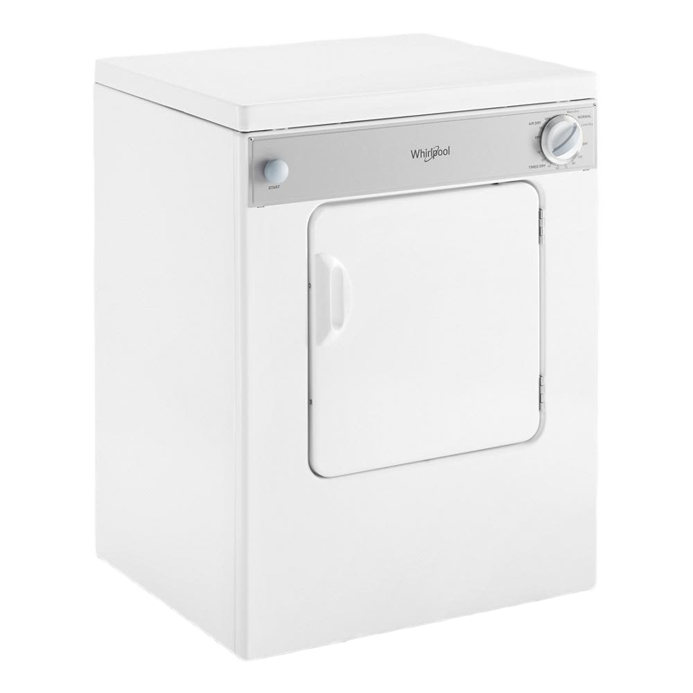 White compact front load Whirlpool dryer with control knob and door handle in dryers and appliances collection