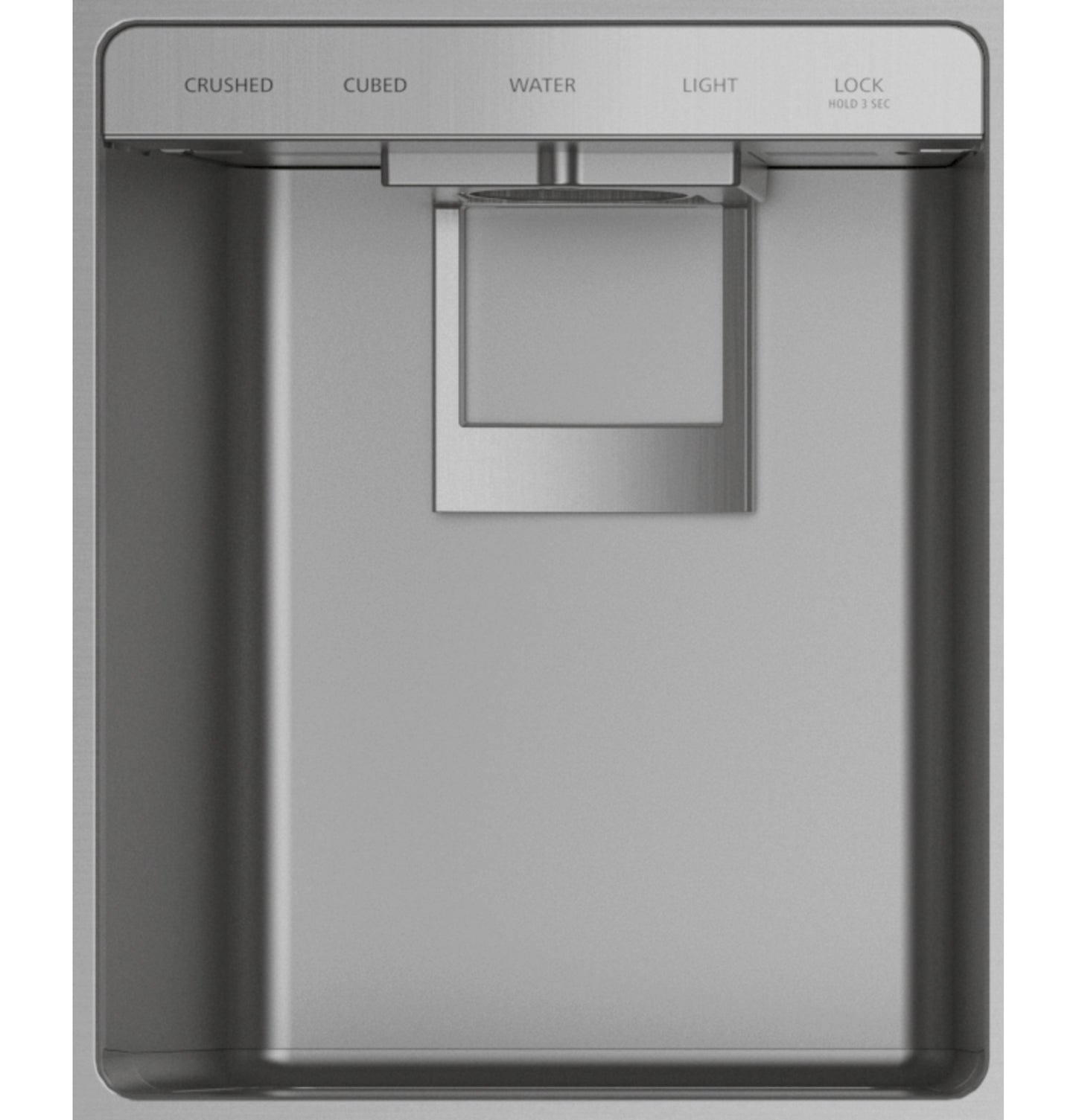 Stainless steel built-in refrigerator dispenser panel with crushed, cubed ice, water options, light, and lock controls in appliances collection