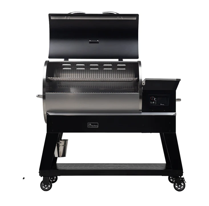 Large outdoor pellet grill with black and stainless steel finish, featuring spacious cooking area, digital controls, and sturdy wheeled base for easy mobility.