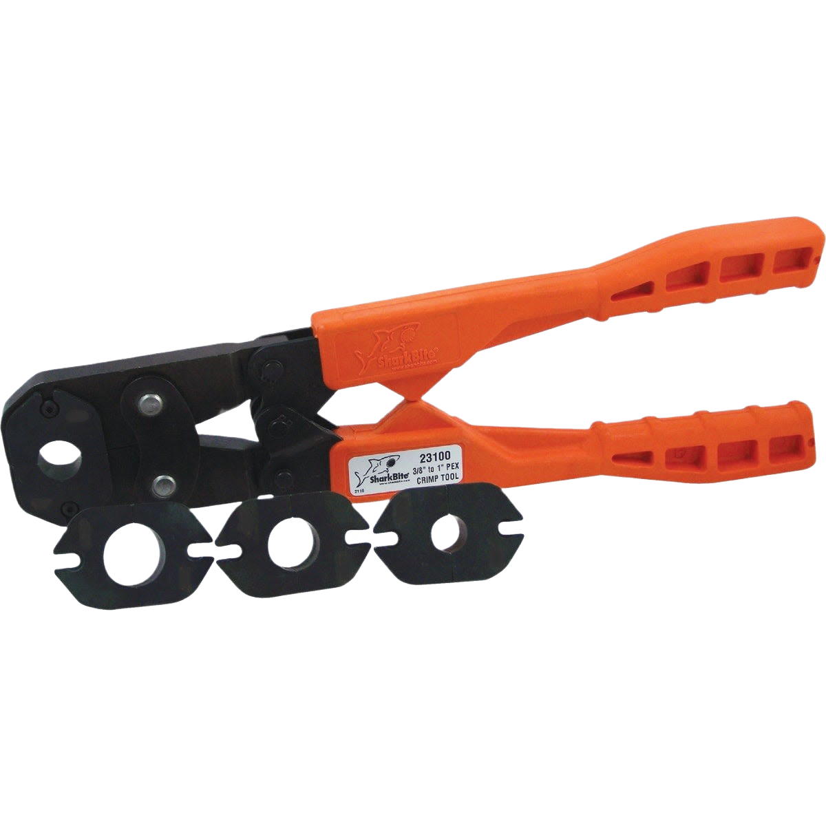 Orange-handled PEX crimping tool with interchangeable rings for plumbing and home improvement tasks