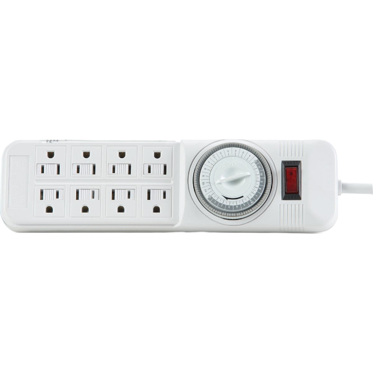 White 8-outlet power strip with mechanical timer dial and red power switch for electrical and home improvement collections under $50