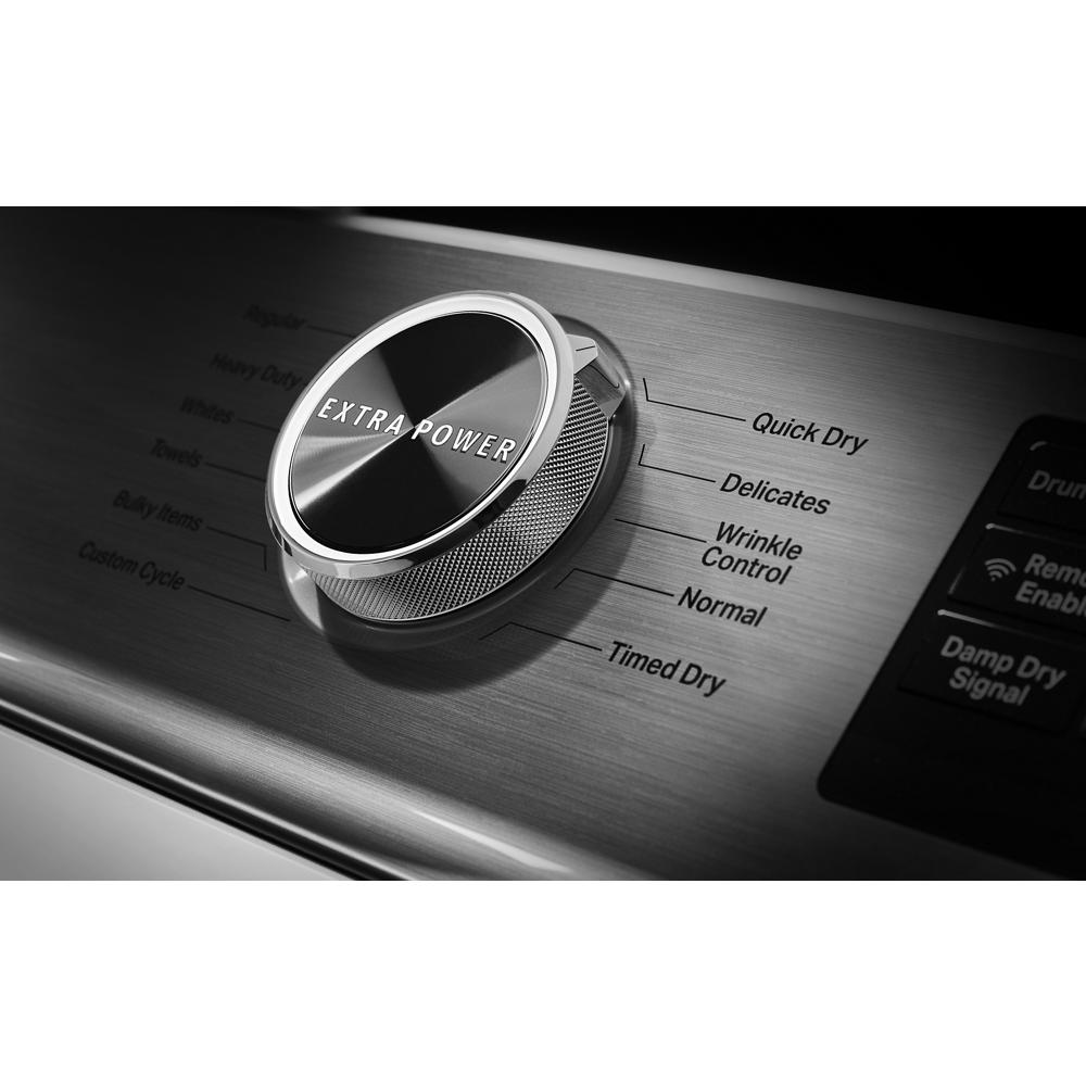Close-up of stainless steel dryer control dial with Extra Power button and cycle options in dryers and appliances collection