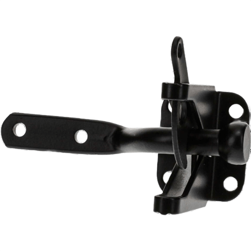 Black metal self-locking gate latch with mounting holes for secure installation in home improvement projects