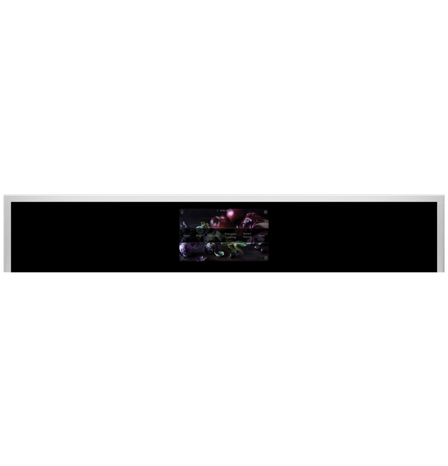 Wide minimalist black glass kitchen appliance display panel with digital screen and stainless steel trim for wall ovens collection