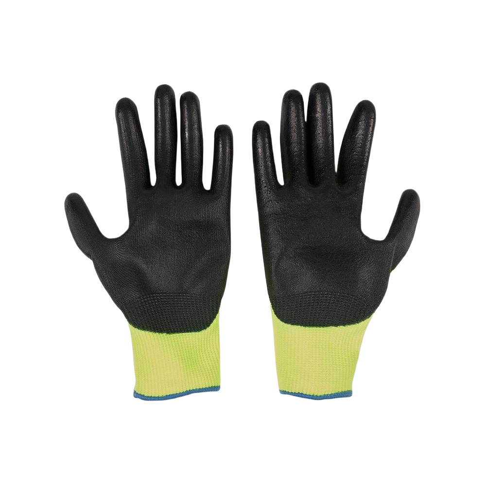 Pair of black nitrile-coated gloves with high-visibility yellow cuffs for cut-resistant work and safety use