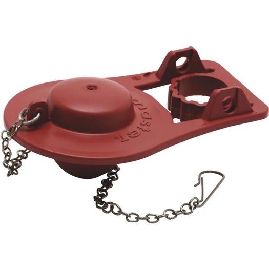 Red chlorine-resistant 2-inch toilet flapper with attached metal chain for plumbing parts and repair collection under $50