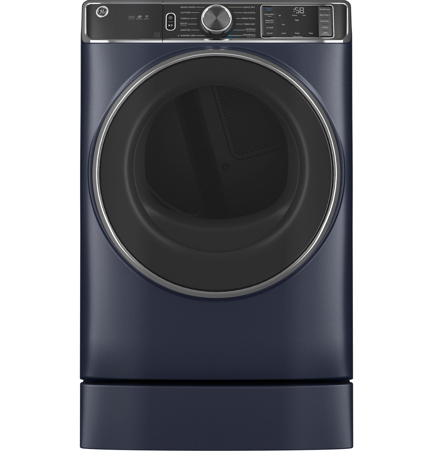 Front-load dark blue washer with digital control panel, positioned on matching pedestal from appliance parts and accessories collection