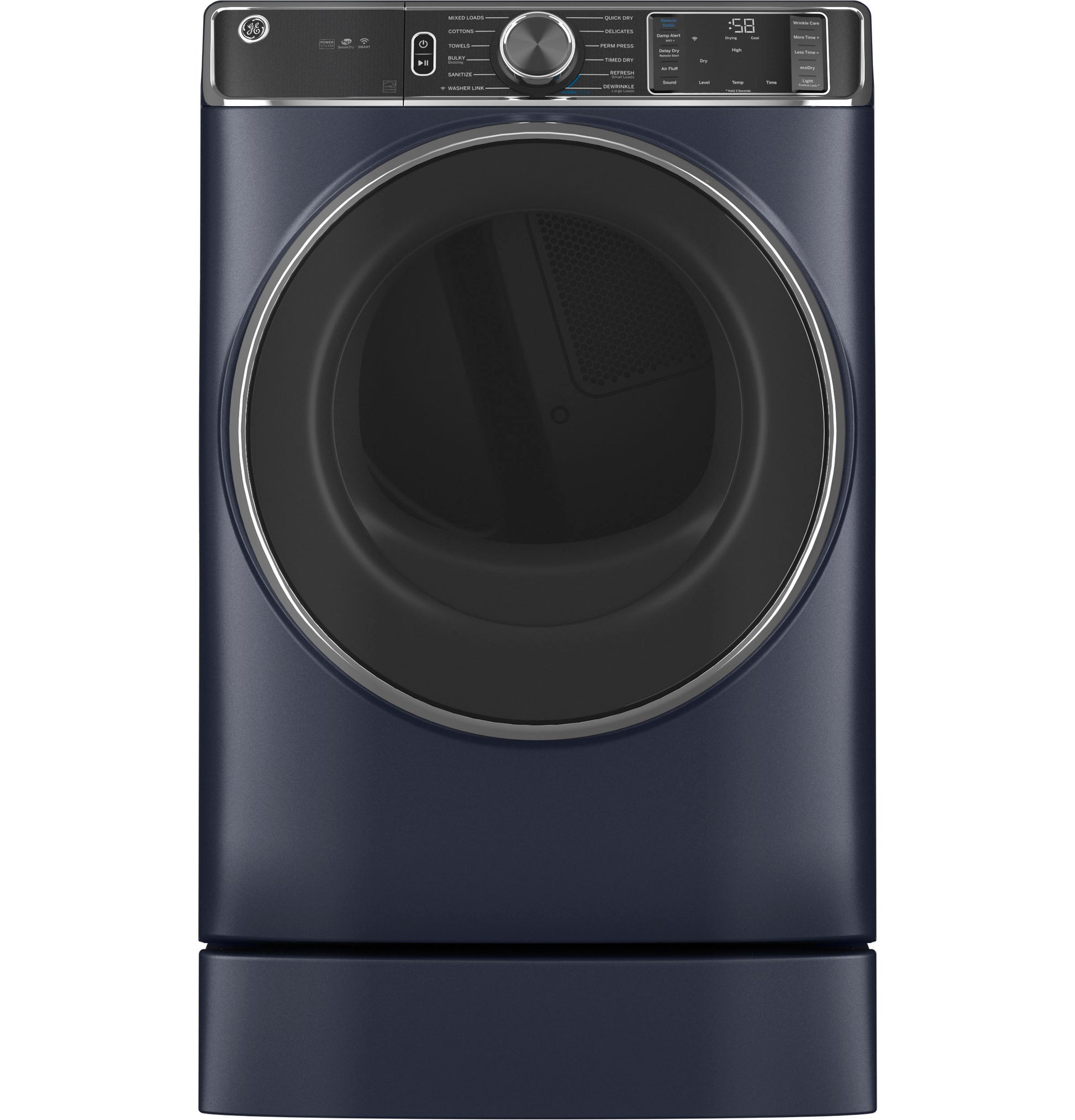 Front-load dark blue washer with digital control panel, positioned on matching pedestal from appliance parts and accessories collection