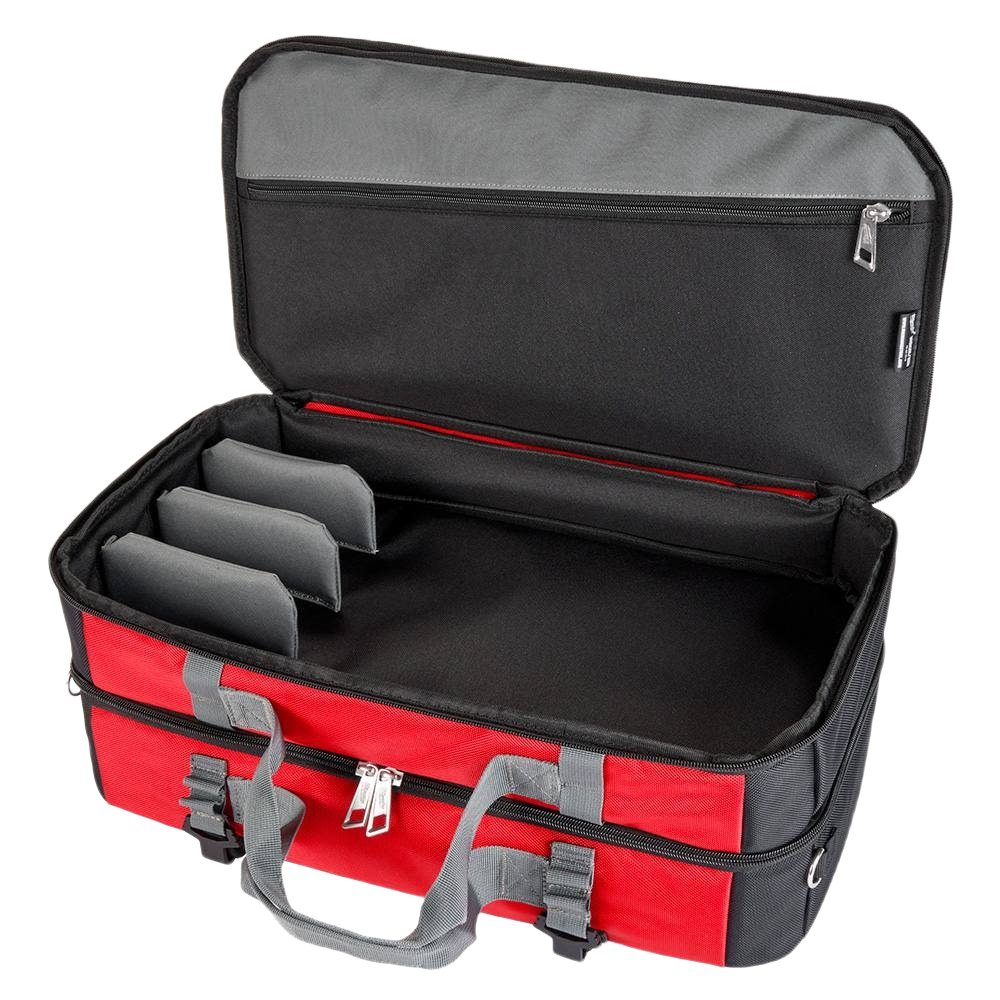 Red and black heavy-duty tool storage bag with adjustable compartments for dust collectors and woodworking tools under $100