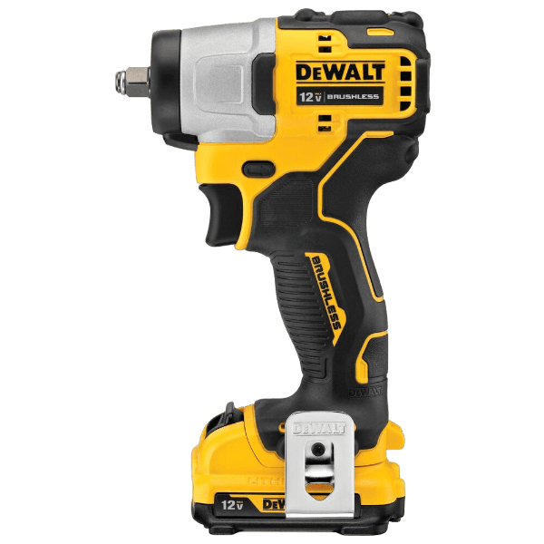 Compact cordless impact wrench in yellow and black with brushless motor and 12V battery for home improvement tasks