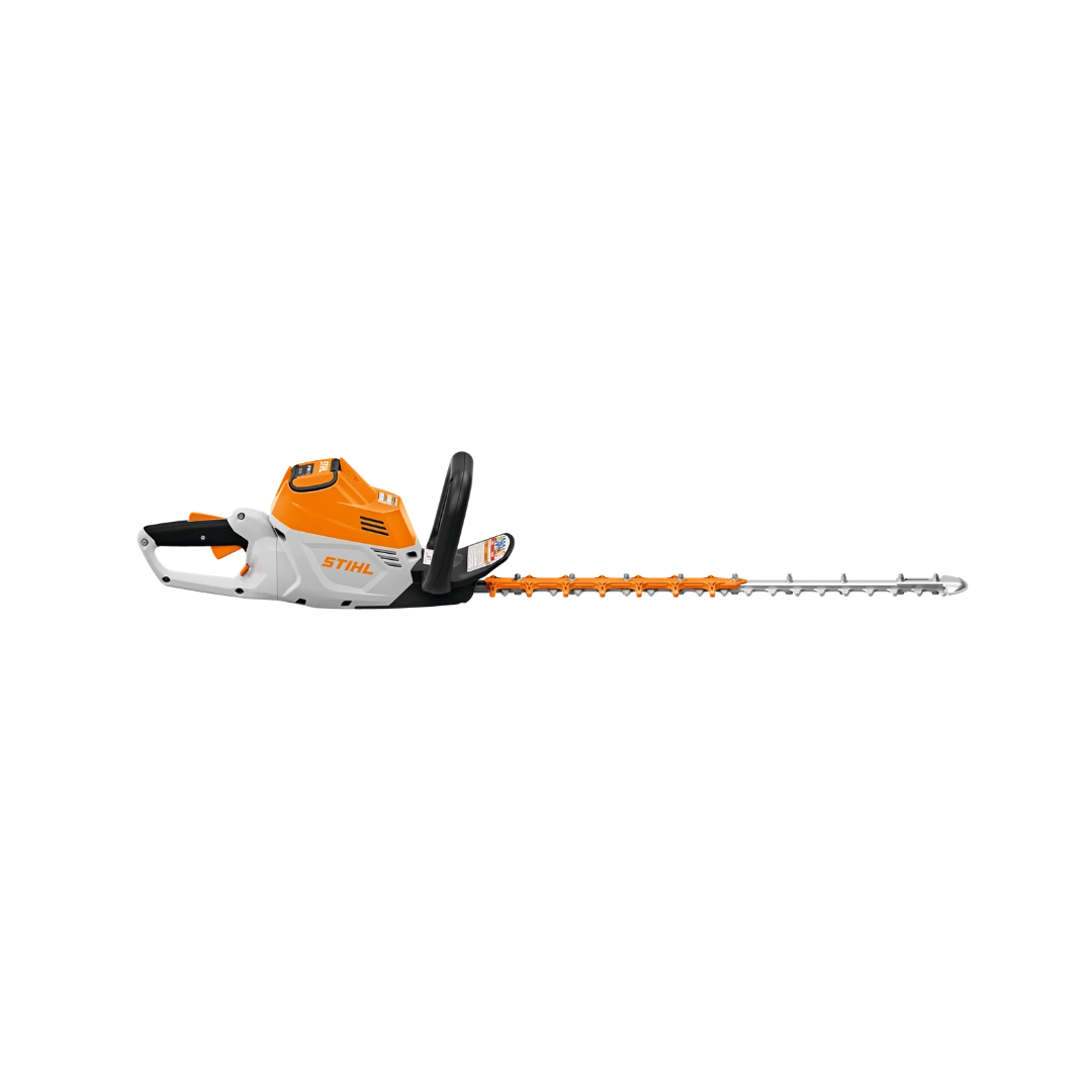 Orange and white battery-powered hedge trimmer with rotating handle designed for home improvement and garden tools use