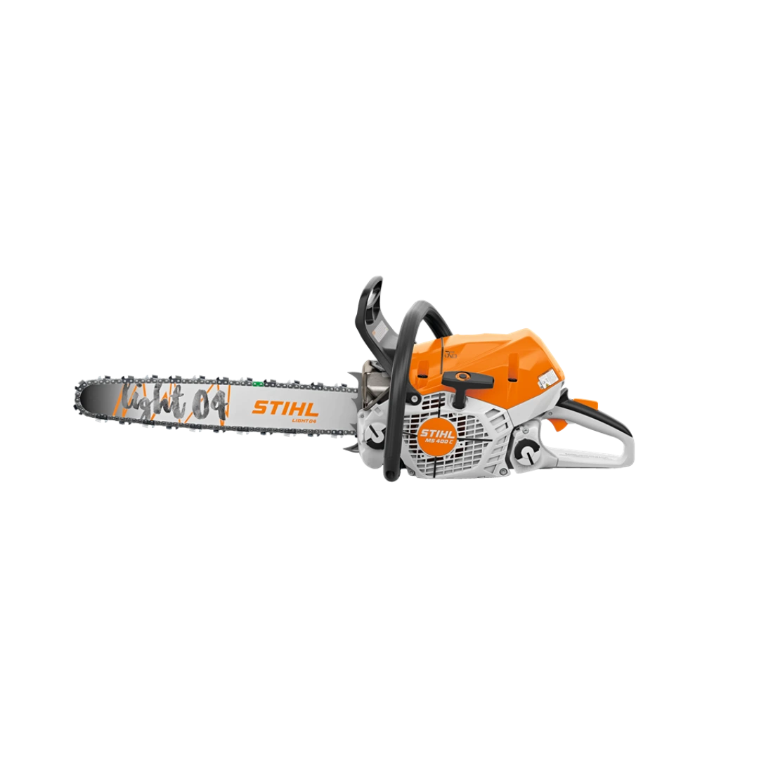 Orange and white chainsaw with magnesium piston and 20-inch cutting bar for tools and home improvement use