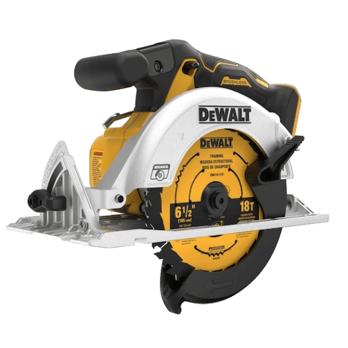 Yellow and black brushless cordless circular saw with 6-1/2 inch blade, designed for woodworking and home improvement power tools collections.