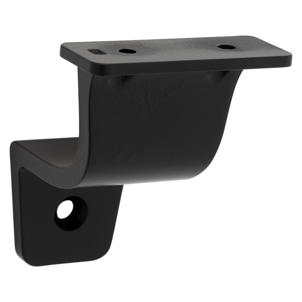 Matte black metal handrail bracket with two mounting holes for secure wall installation in home improvement projects