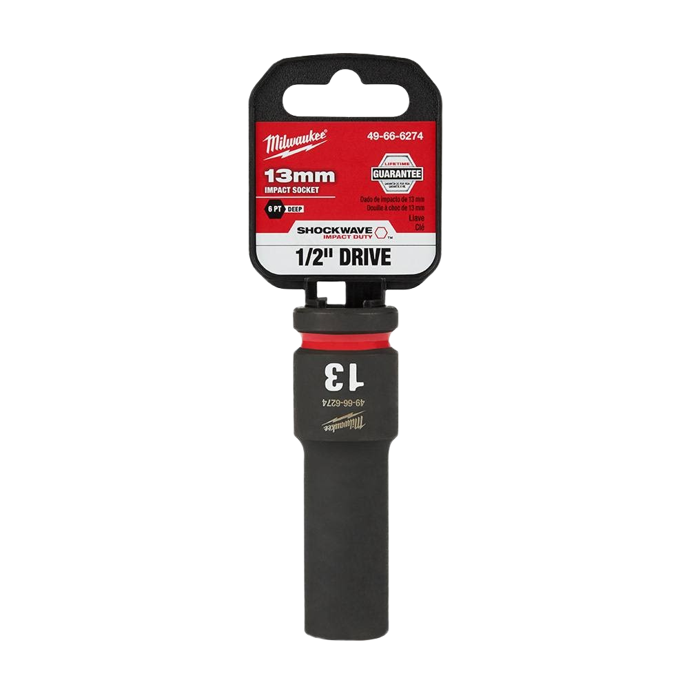 Milwaukee 13mm deep impact socket with 1/2" drive, designed for heavy-duty use in hand tool and home improvement tasks