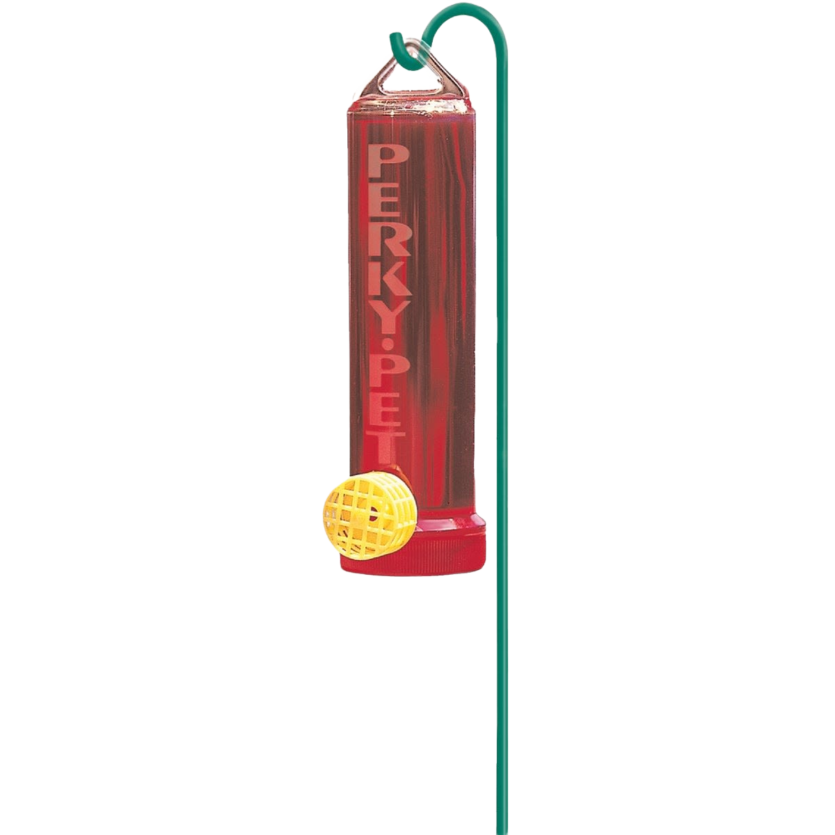 Red plastic hummingbird feeder with yellow feeding port and green metal hanging stake for outdoor use
