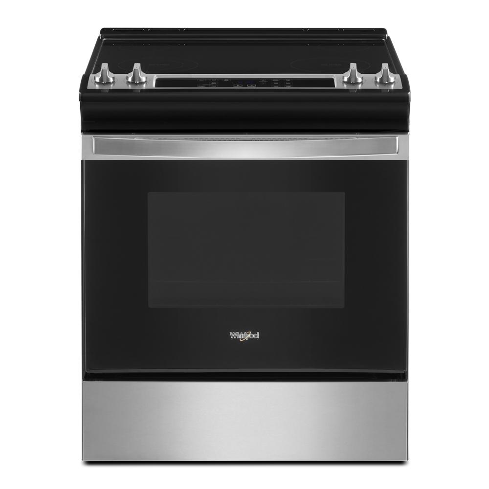 Black and stainless steel electric slide-in range with digital controls and four burners from Ranges collection