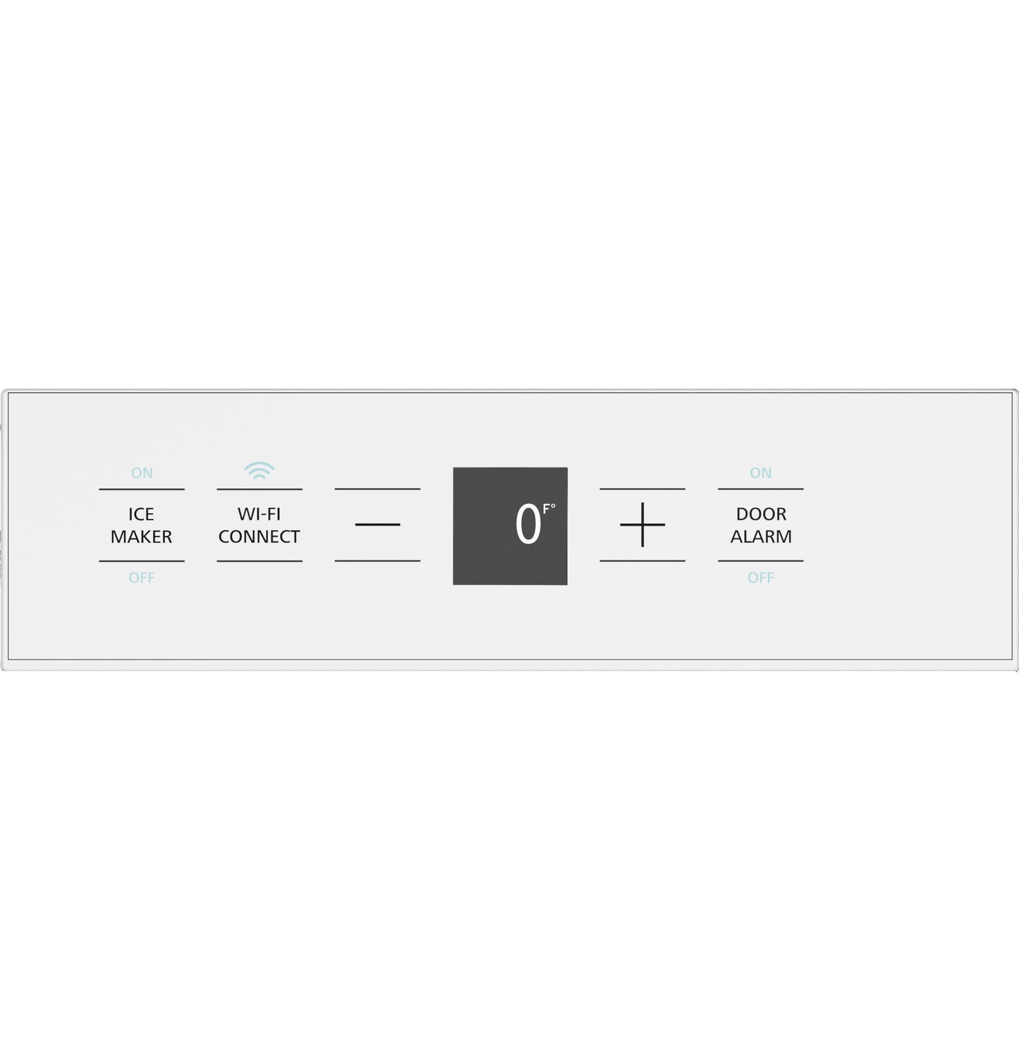 Control panel display showing temperature and settings for ice maker, Wi-Fi connect, and door alarm in kitchen appliances collection