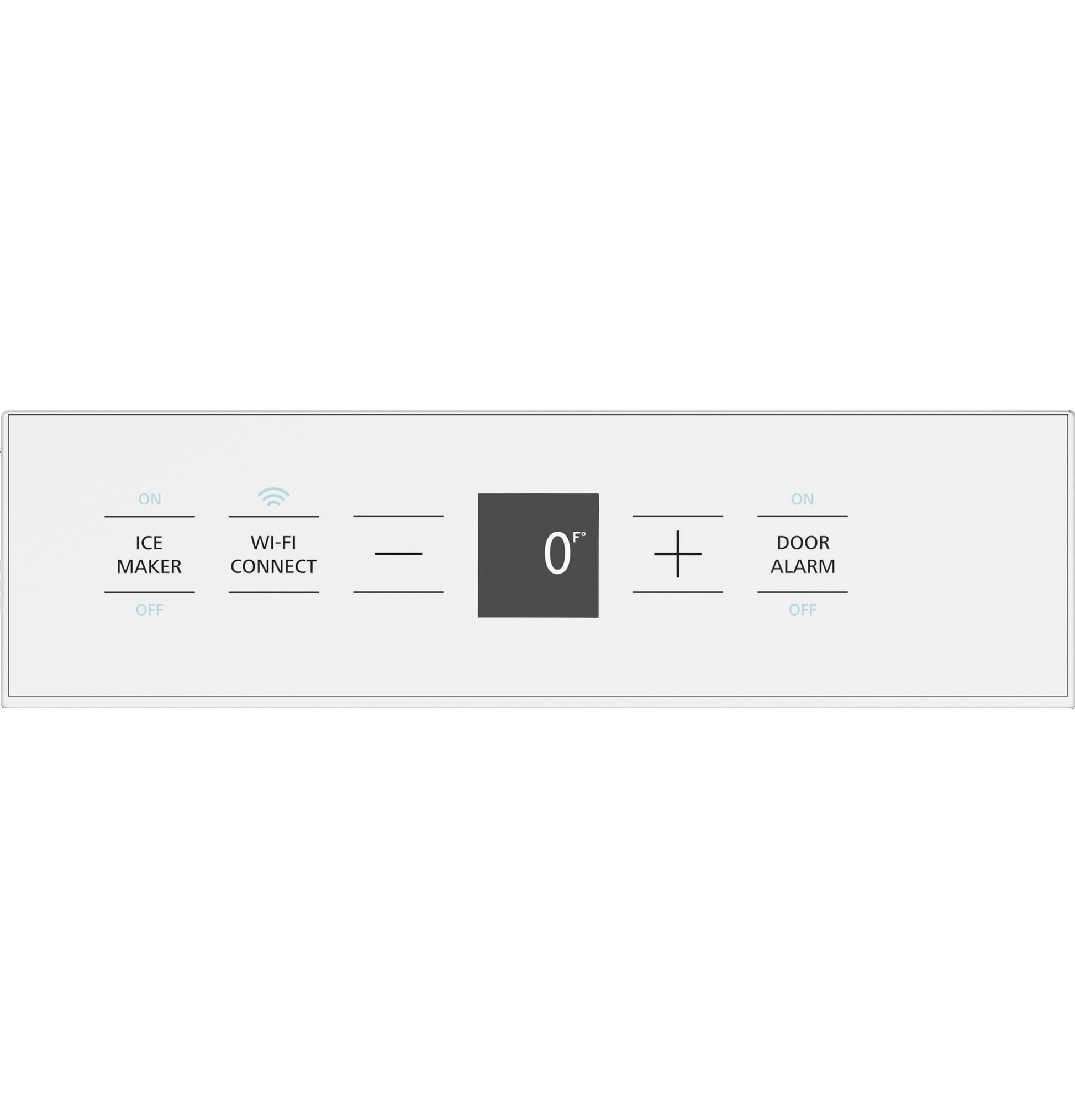 Control panel display showing temperature and settings for ice maker, Wi-Fi connect, and door alarm in kitchen appliances collection