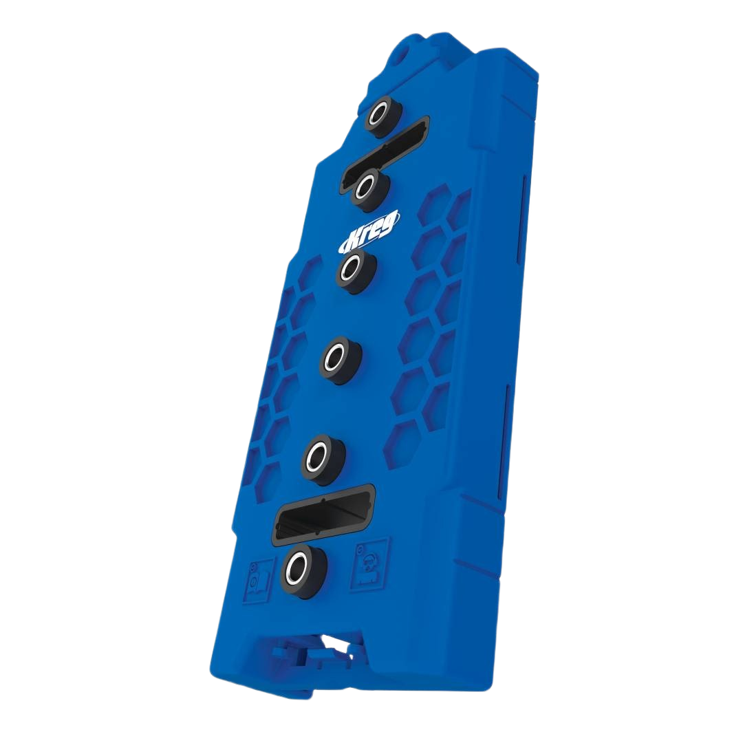 Blue plastic shelf pin jig with 5mm guide holes for precise home improvement woodworking tool projects under $50