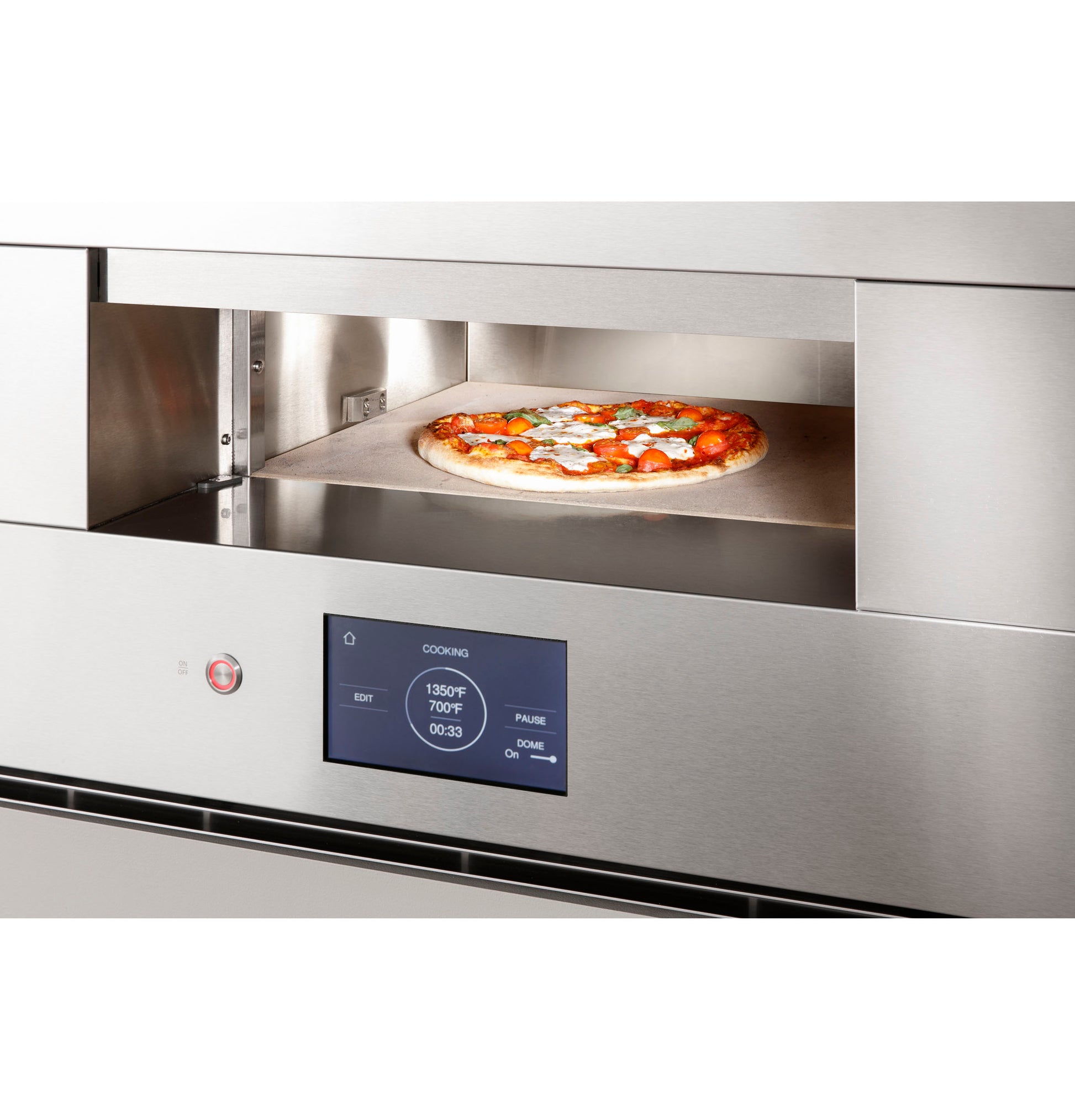 Built-in stainless steel hearth oven with digital controls baking pizza in a modern kitchen appliance setting