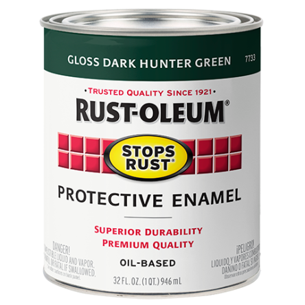 Can of Rust-Oleum protective enamel paint in glossy dark hunter green for home improvement and specialty paint collections