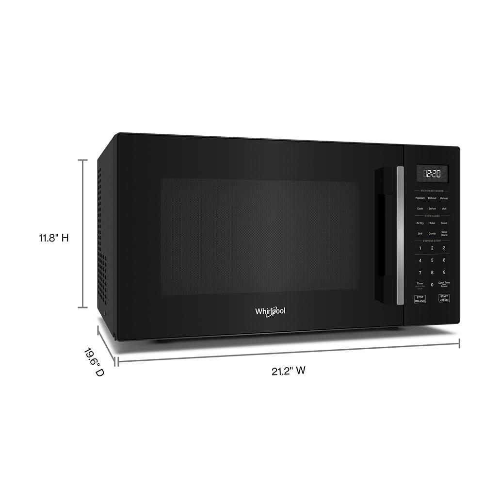 Black multifunctional countertop microwave with digital control panel and easy-to-read display in kitchen appliance setting