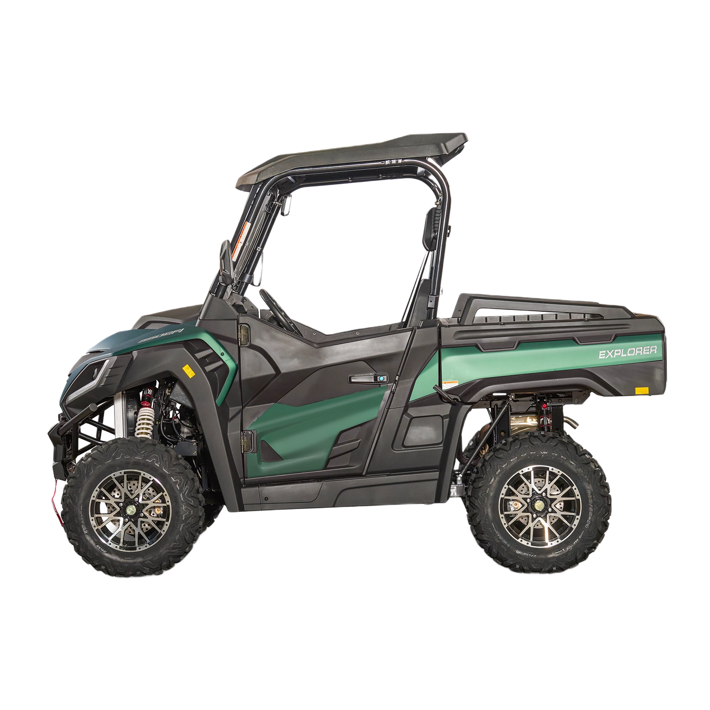 Green utility terrain vehicle with protective roof and cargo bed designed for rugged outdoor tools and home improvement tasks