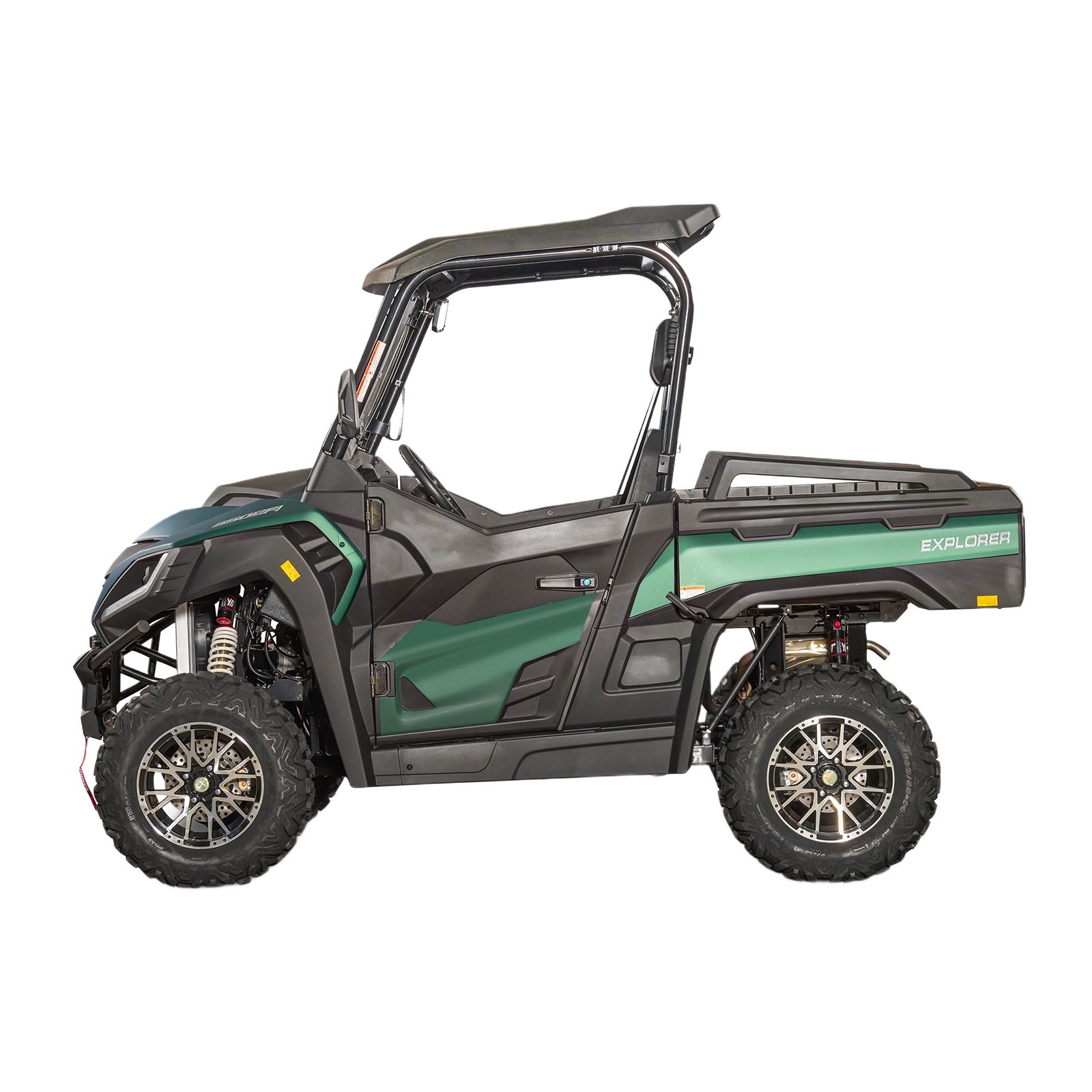 Green utility terrain vehicle with protective roof and cargo bed designed for rugged outdoor tools and home improvement tasks