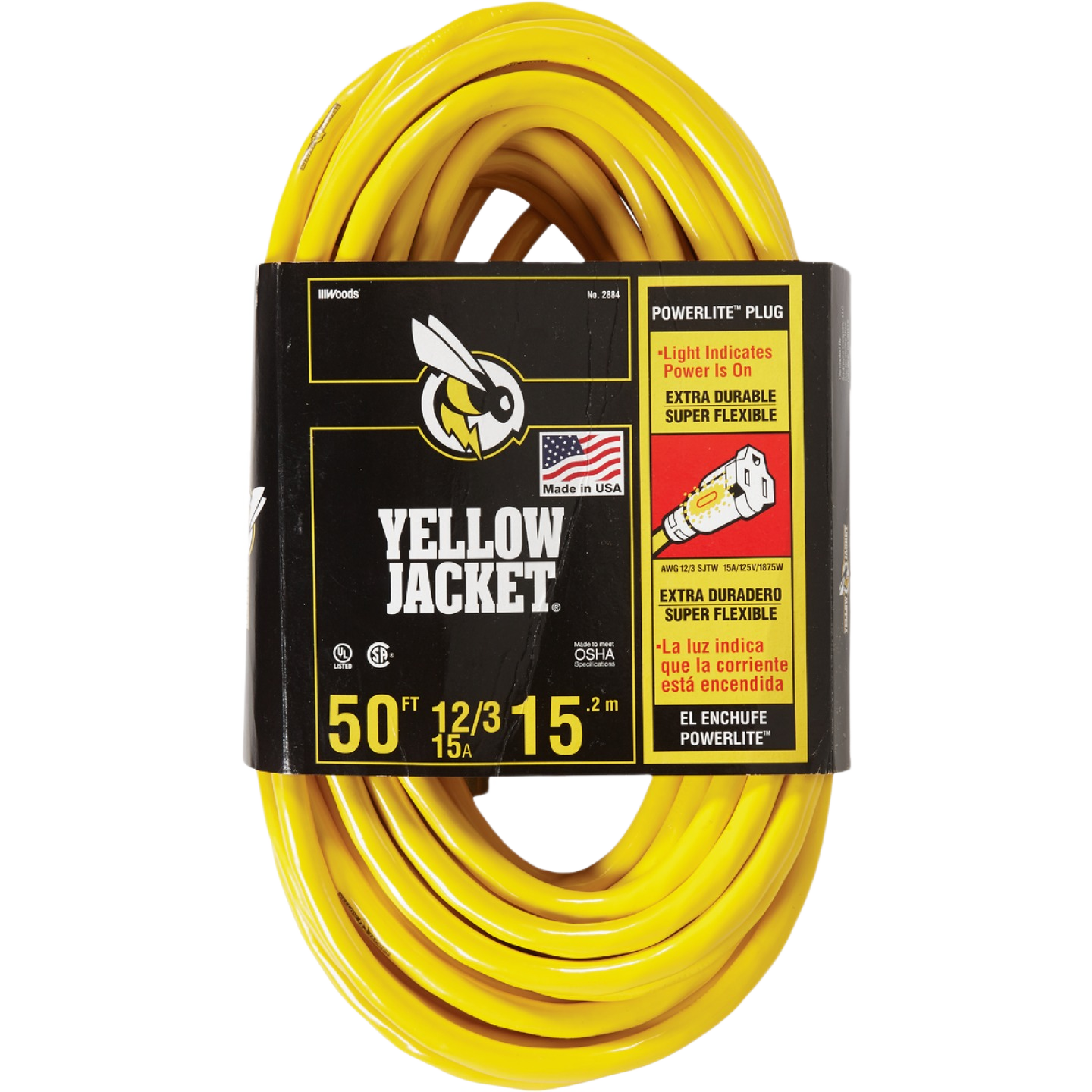 Coiled heavy-duty yellow extension cord with lighted plug end for tools and home improvement use