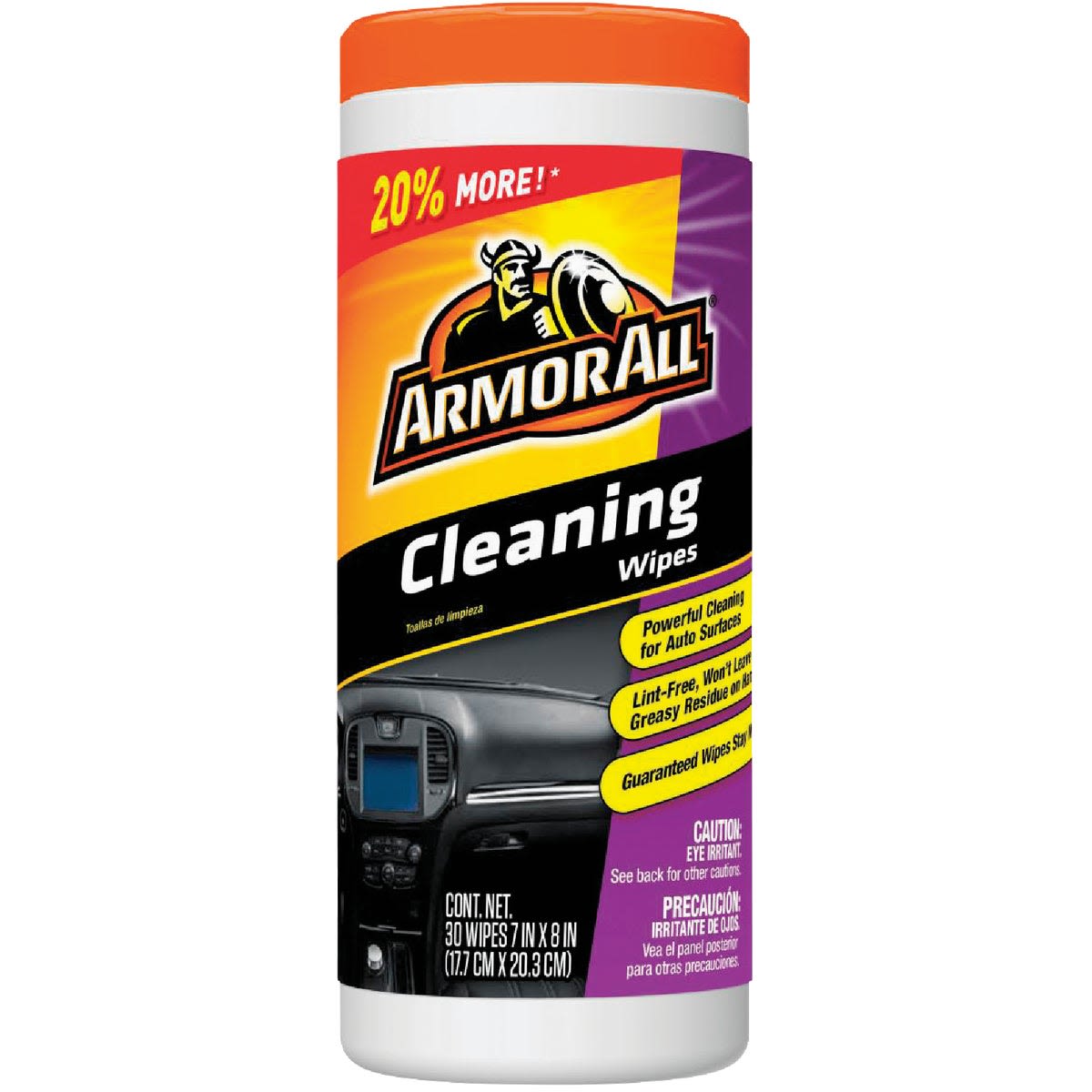 Container of multi-purpose cleaning wipes for automotive use in cleaning wipes and disinfecting wipes collections