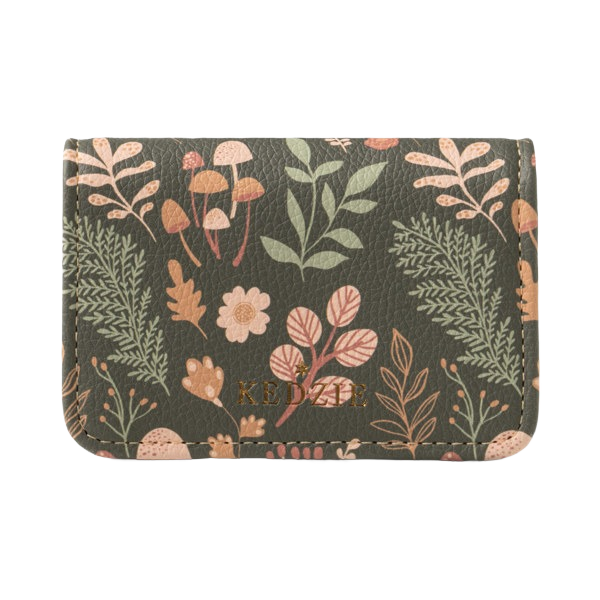 Mini vegan leather wallet with botanical print and goldtone logo, ideal for accessories and under $50 collection