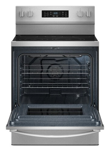 30-inch stainless steel electric range with smooth cooktop, digital display, and spacious oven interior in ranges collection