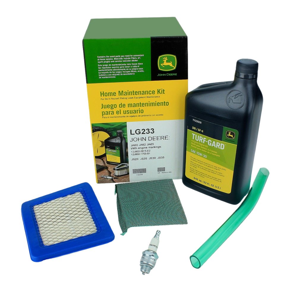 Home maintenance kit with air filter, spark plug, green fuel line, cleaning scrub pad, and maintenance oil bottle