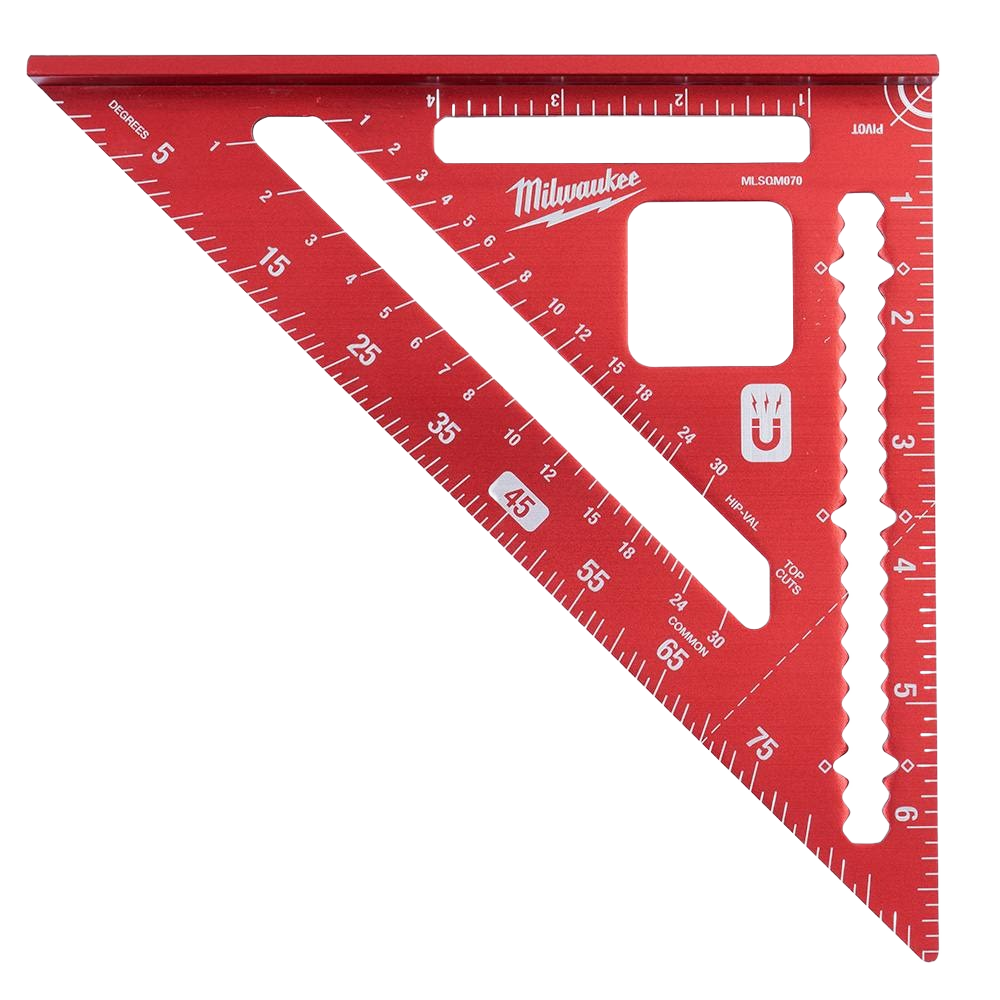 Red 7-inch magnetic rafter square with laser-etched measurements for woodworking and home improvement tasks