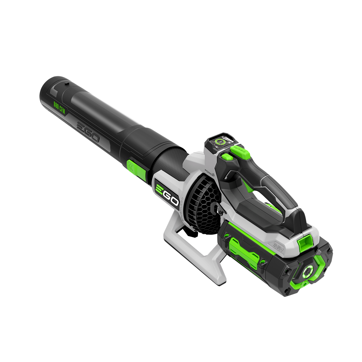 Cordless blower with green and black design, ergonomic handle, and compact body for outdoor and home improvement use